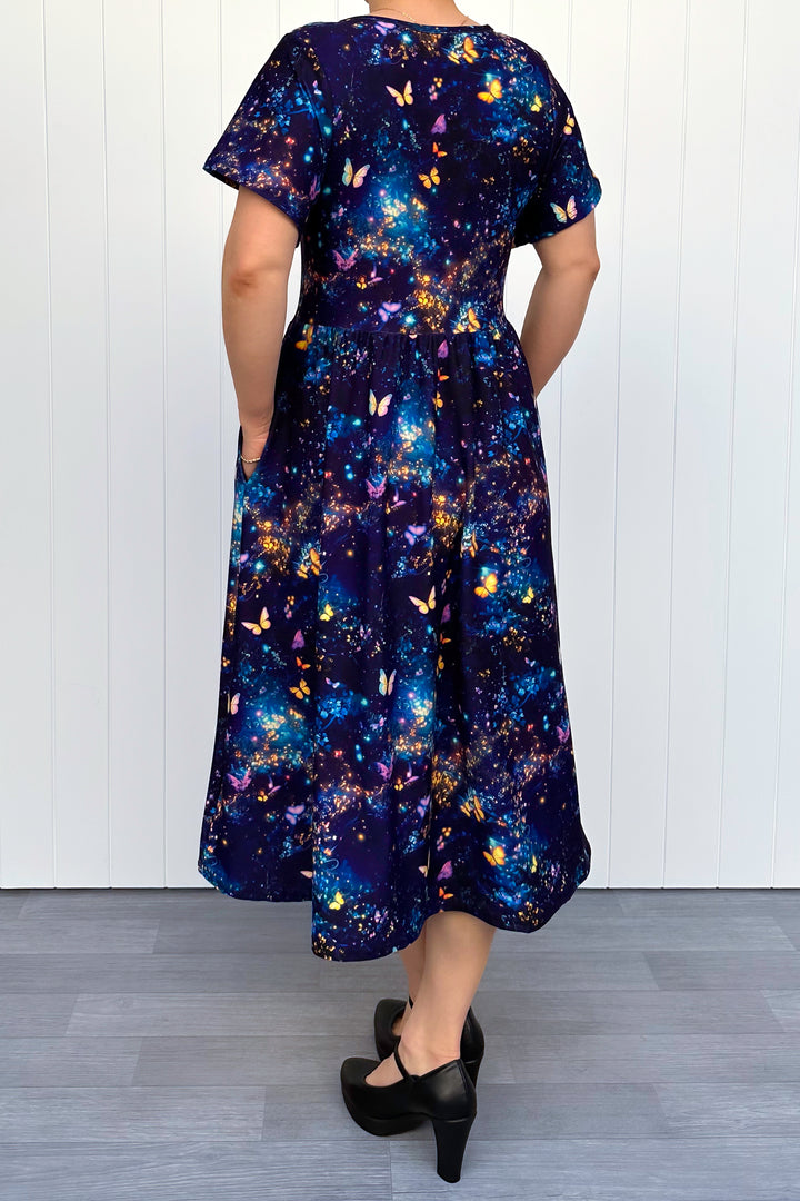 Cosmic Butterfly - Midi Dress - Flutter Sleeve - Pockets