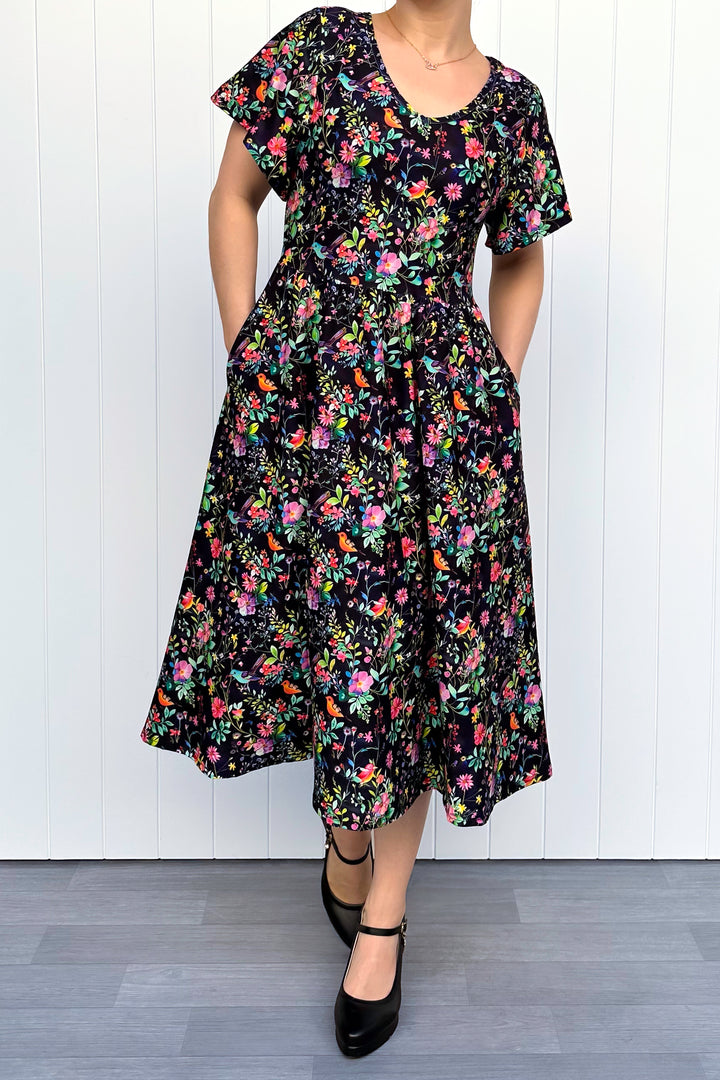 Birds and Blooms - Midi Dress - Flutter Sleeve - Pockets