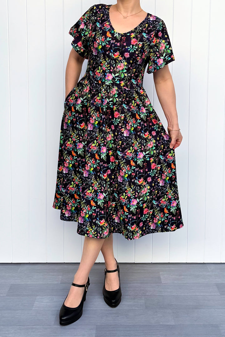 Birds and Blooms - Midi Dress - Flutter Sleeve - Pockets