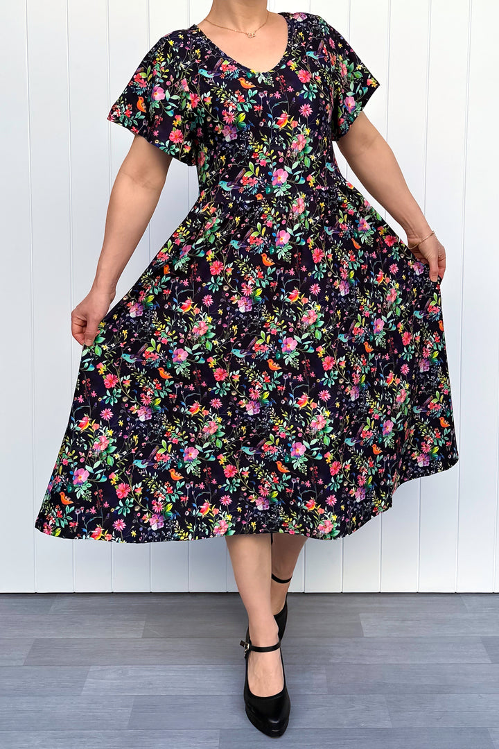 Birds and Blooms - Midi Dress - Flutter Sleeve - Pockets