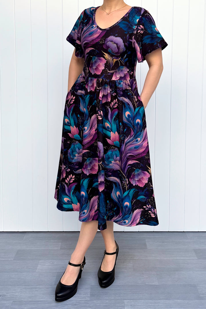 Peacock Petals - Midi Dress - Flutter Sleeve - Pockets