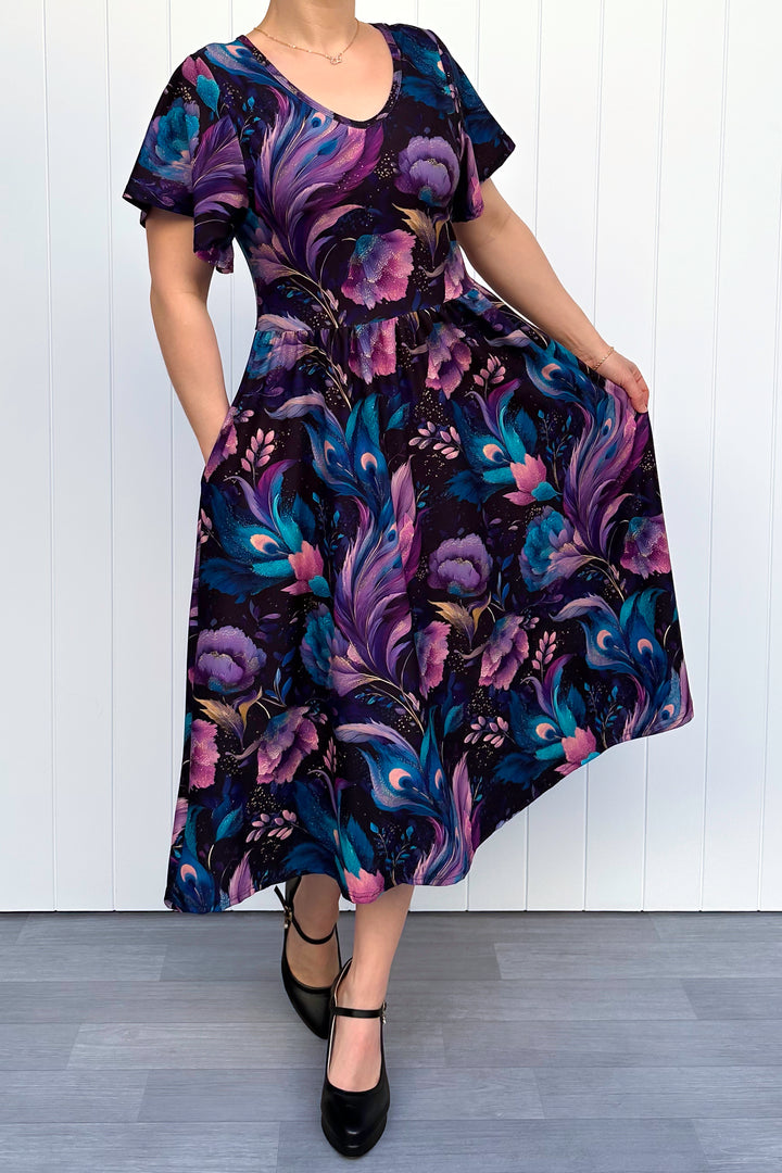 Peacock Petals - Midi Dress - Flutter Sleeve - Pockets