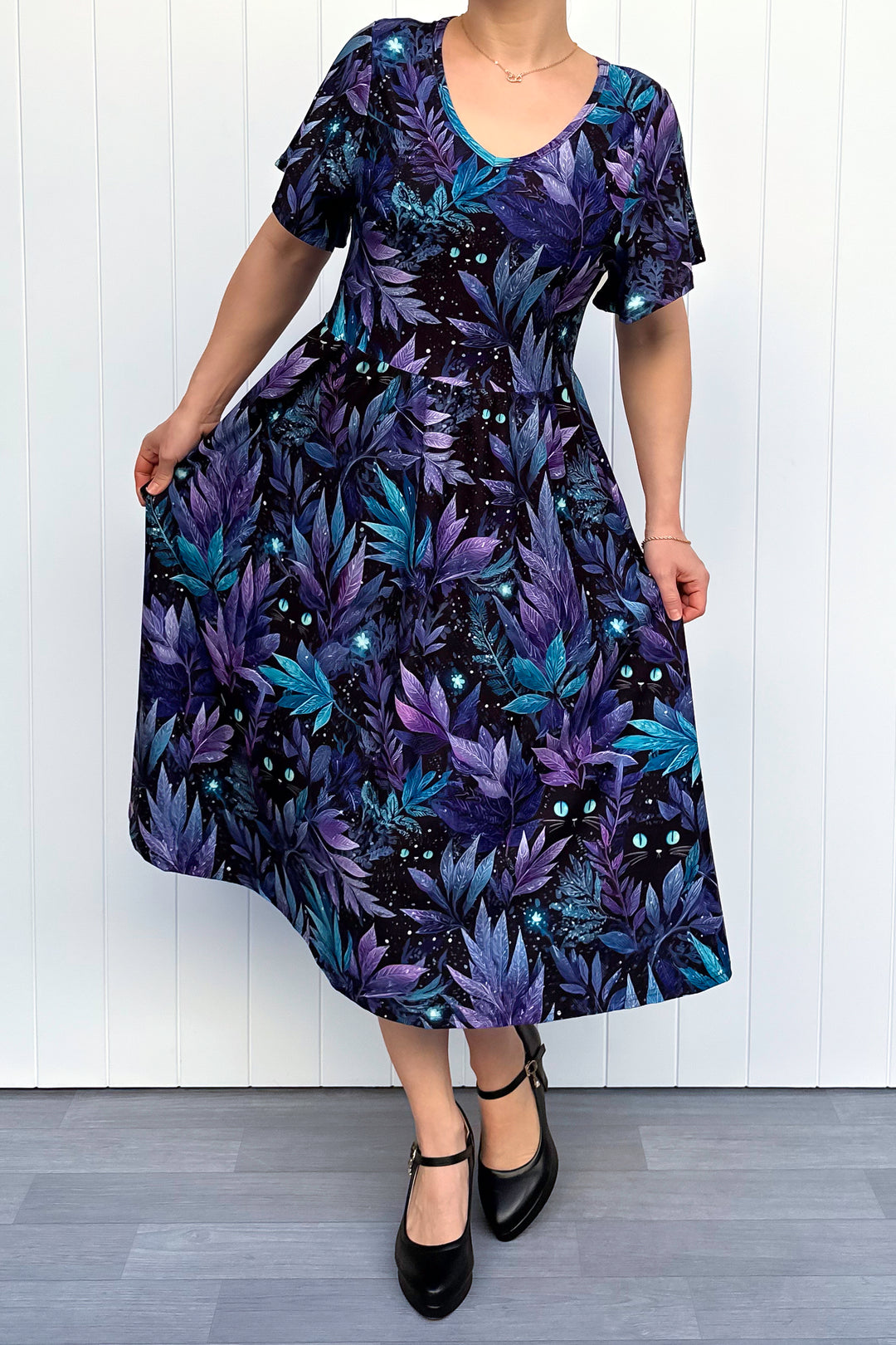 Feline Florals - Midi Dress - Flutter Sleeve - Pockets
