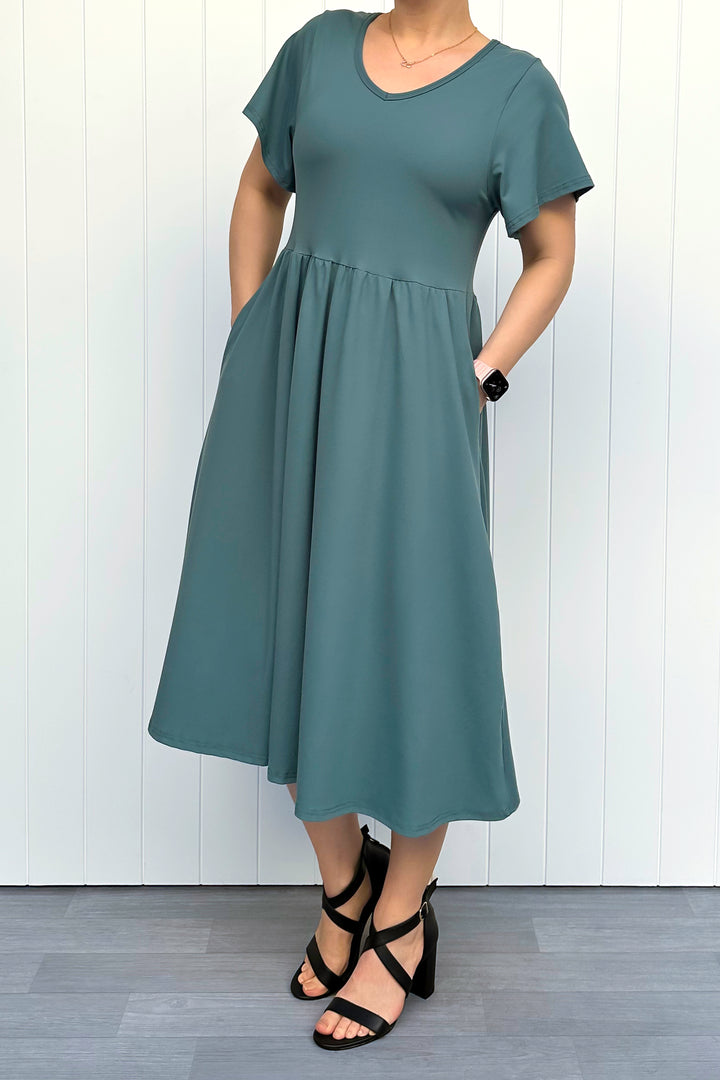 Teal - Midi Dress - Flutter Sleeve - Pockets