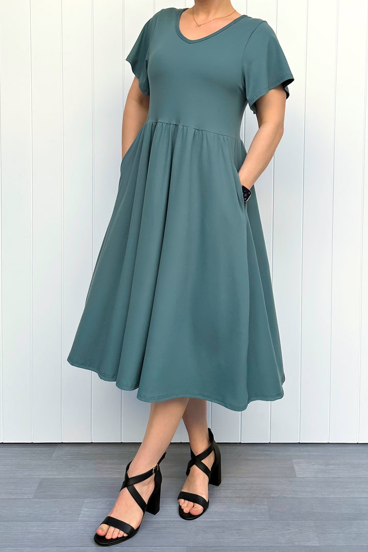Teal - Midi Dress - Flutter Sleeve - Pockets