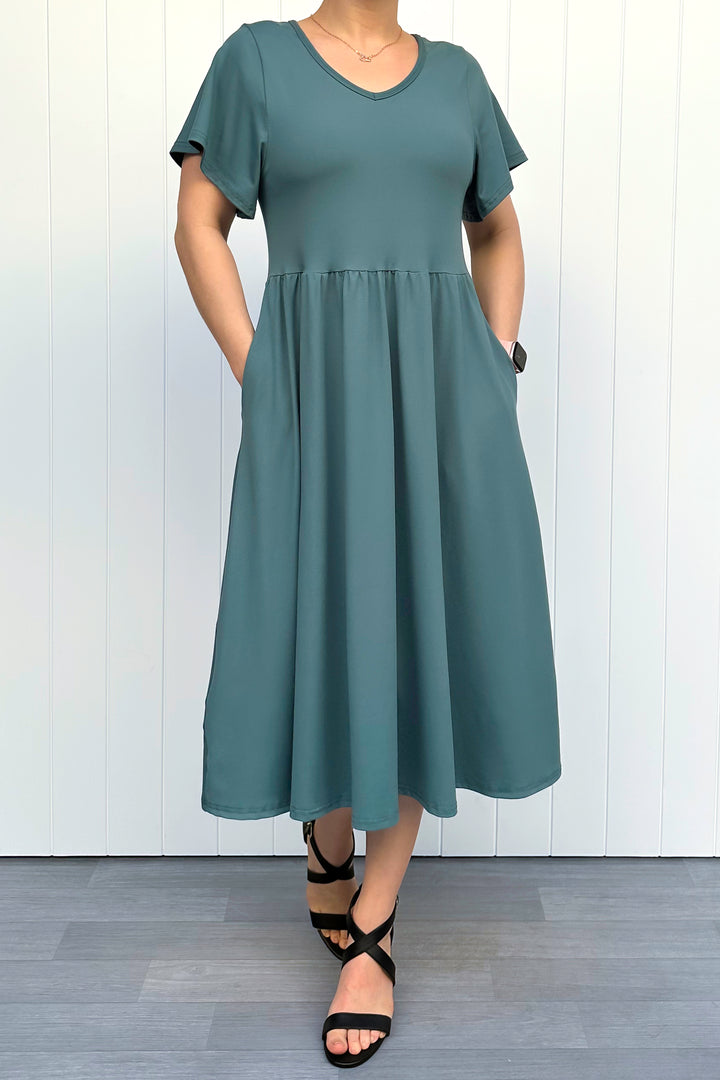 Teal - Midi Dress - Flutter Sleeve - Pockets