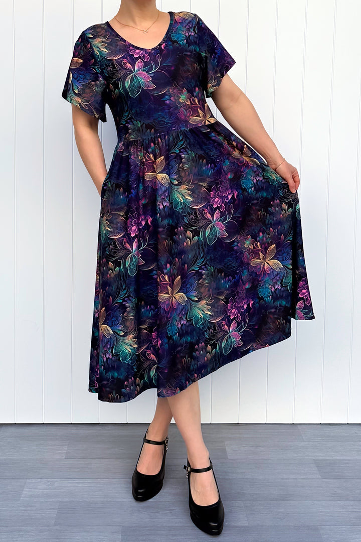 Spectral Garden - Midi Dress - Flutter Sleeve - Pockets