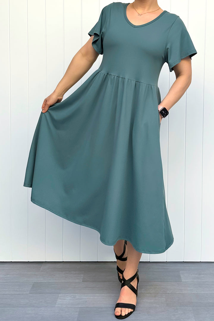 Teal - Midi Dress - Flutter Sleeve - Pockets