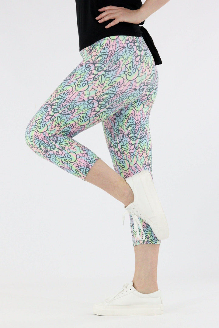 Iridescent Skull Lace - Casual Capri Leggings Casual Capri Leggings Pawlie   