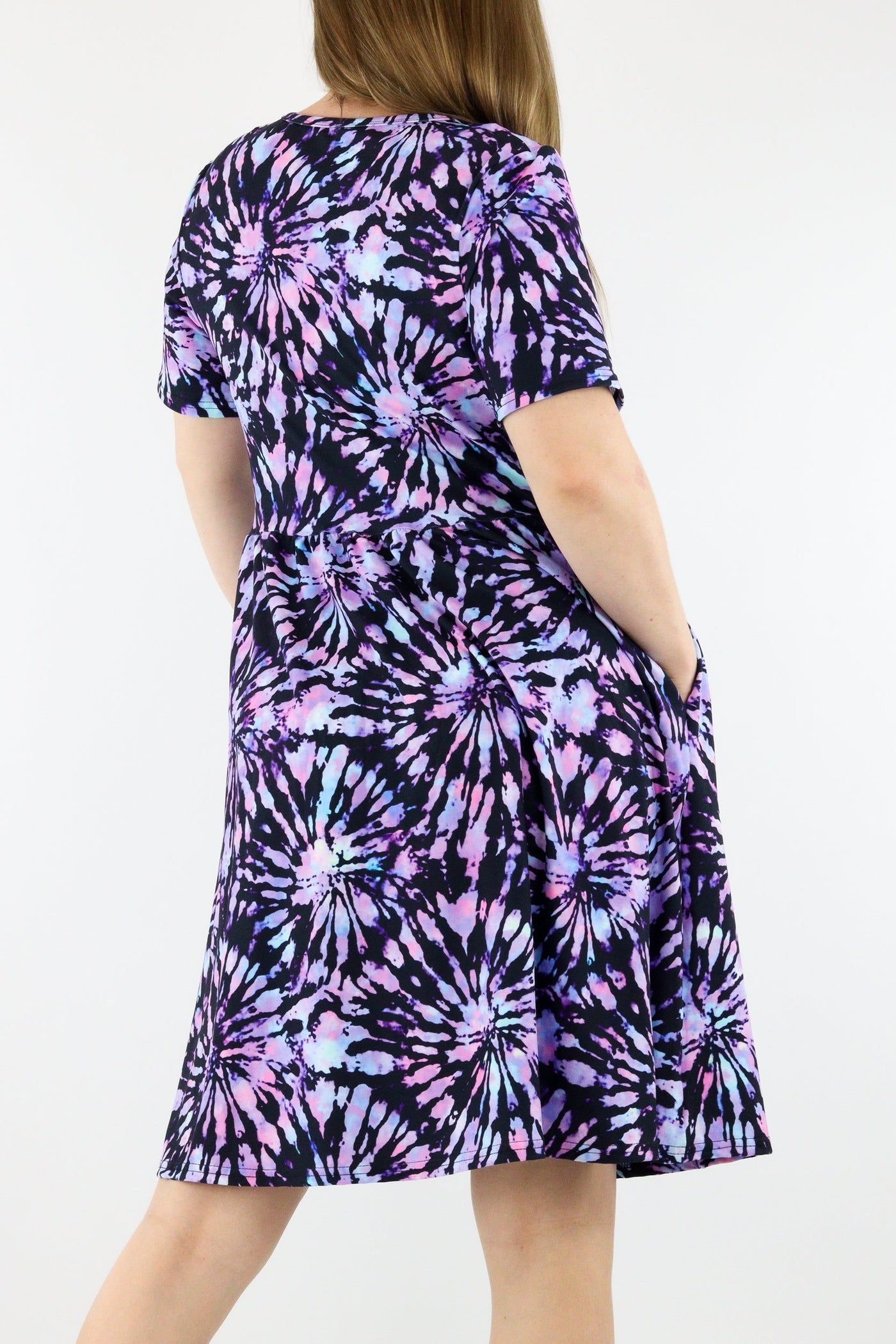 Iridescent Purple Tie Dye - Short Sleeve Skater Dress - Knee Length - Side Pockets Knee Length Skater Dress Pawlie   