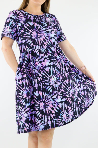 Iridescent Purple Tie Dye - Short Sleeve Skater Dress - Knee Length - Side Pockets Knee Length Skater Dress Pawlie   