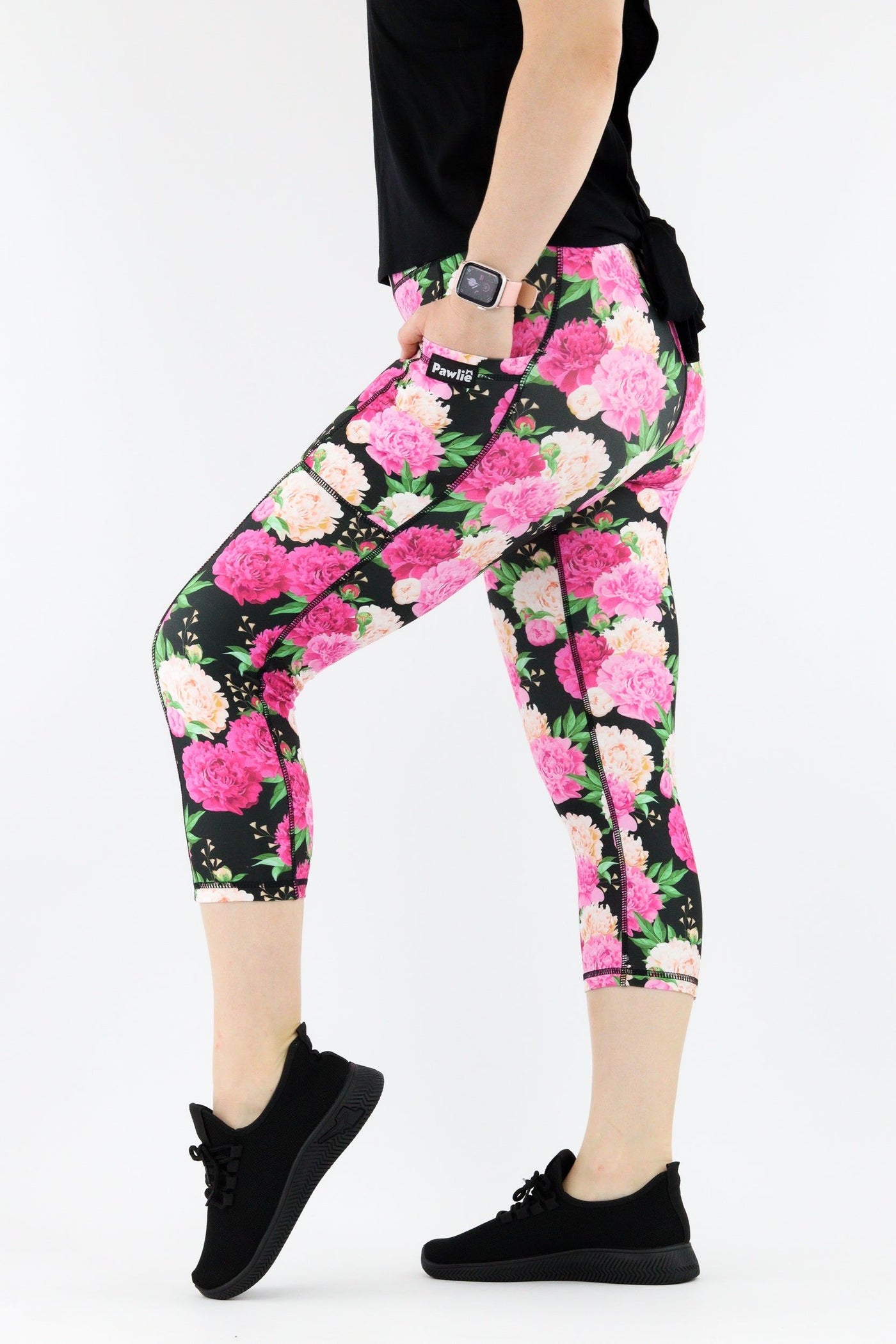 Pretty Peonies - Hybrid 1.0 - Leg Pockets - Capri Leggings Hybrid Capri Leggings Pawlie   