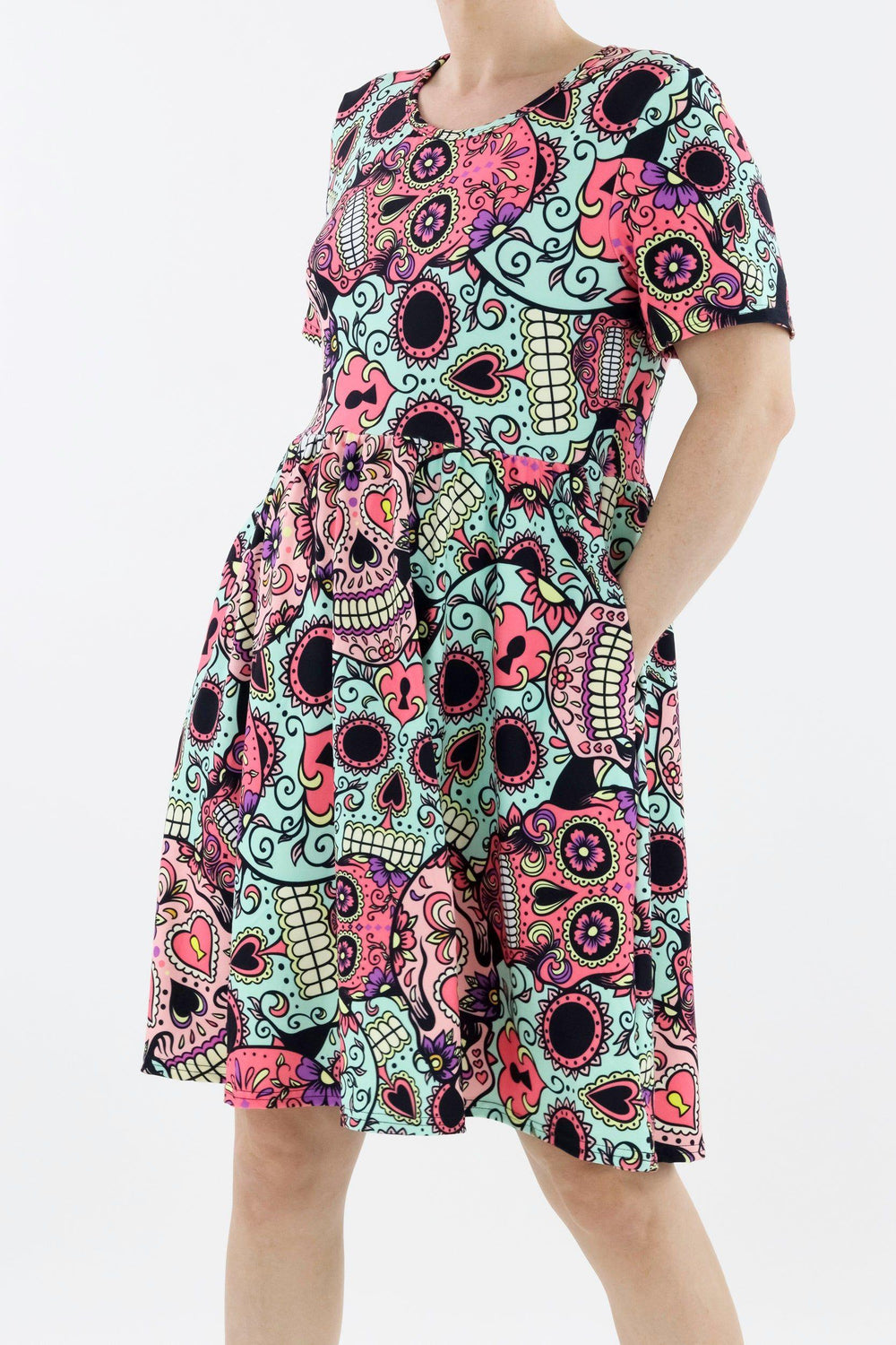 Calavera Skull - Short Sleeve Skater Dress - Knee Length - Side Pockets Knee Length Skater Dress Pawlie   