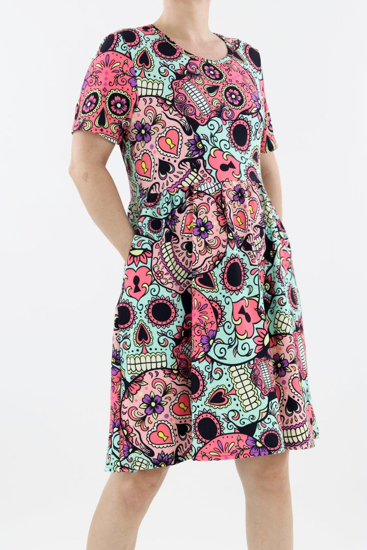 Calavera Skull - Short Sleeve Skater Dress - Knee Length - Side Pockets Knee Length Skater Dress Pawlie   
