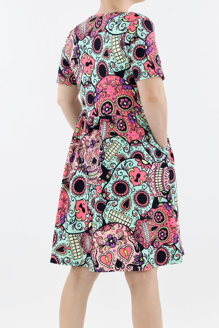 Calavera Skull - Short Sleeve Skater Dress - Knee Length - Side Pockets Knee Length Skater Dress Pawlie   