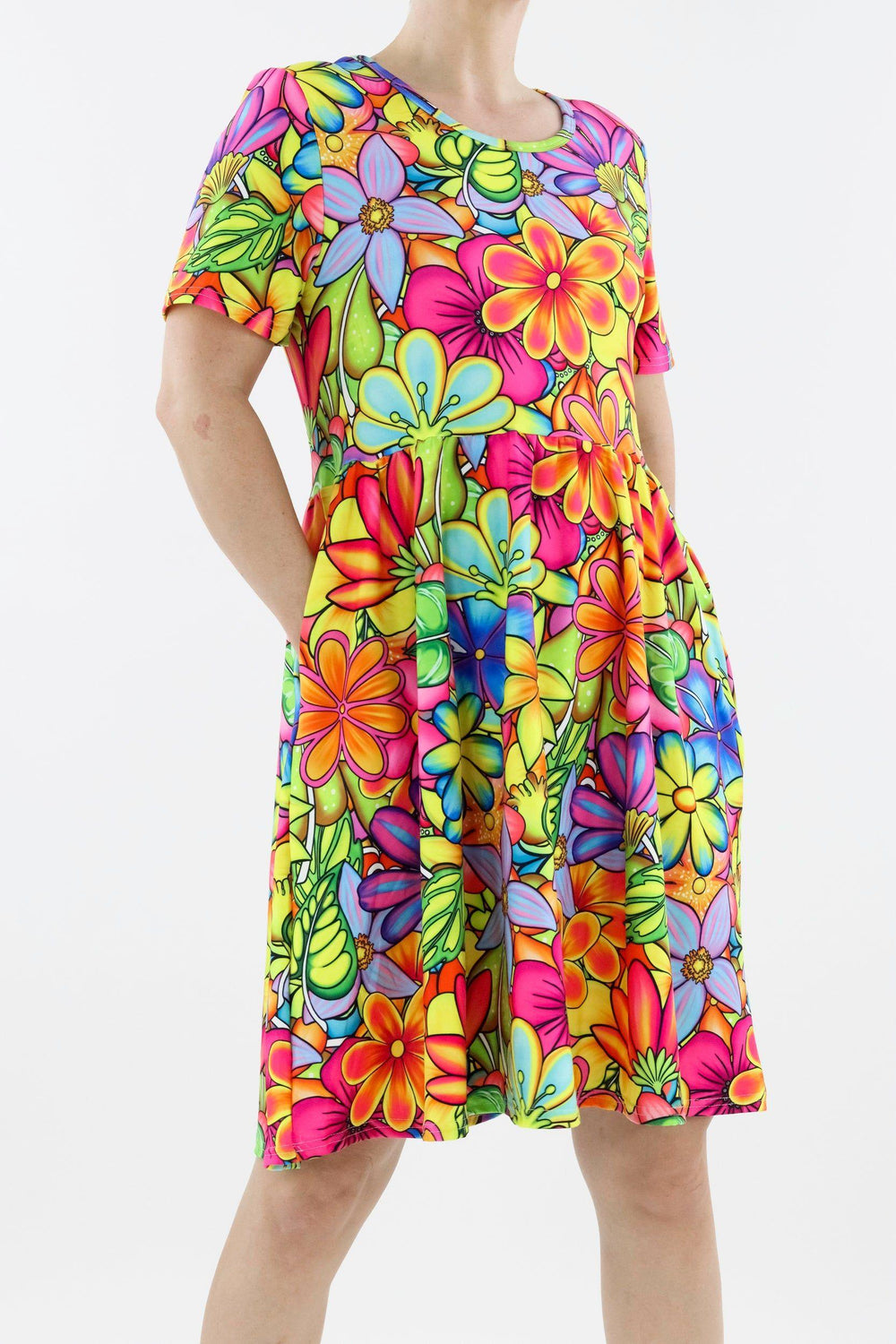 Tutti Frutti Flower - Short Sleeve Skater Dress - Knee Length - Side Pockets Knee Length Skater Dress Pawlie   