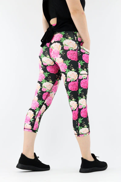 Pretty Peonies - Hybrid 1.0 - Leg Pockets - Capri Leggings Hybrid Capri Leggings Pawlie   