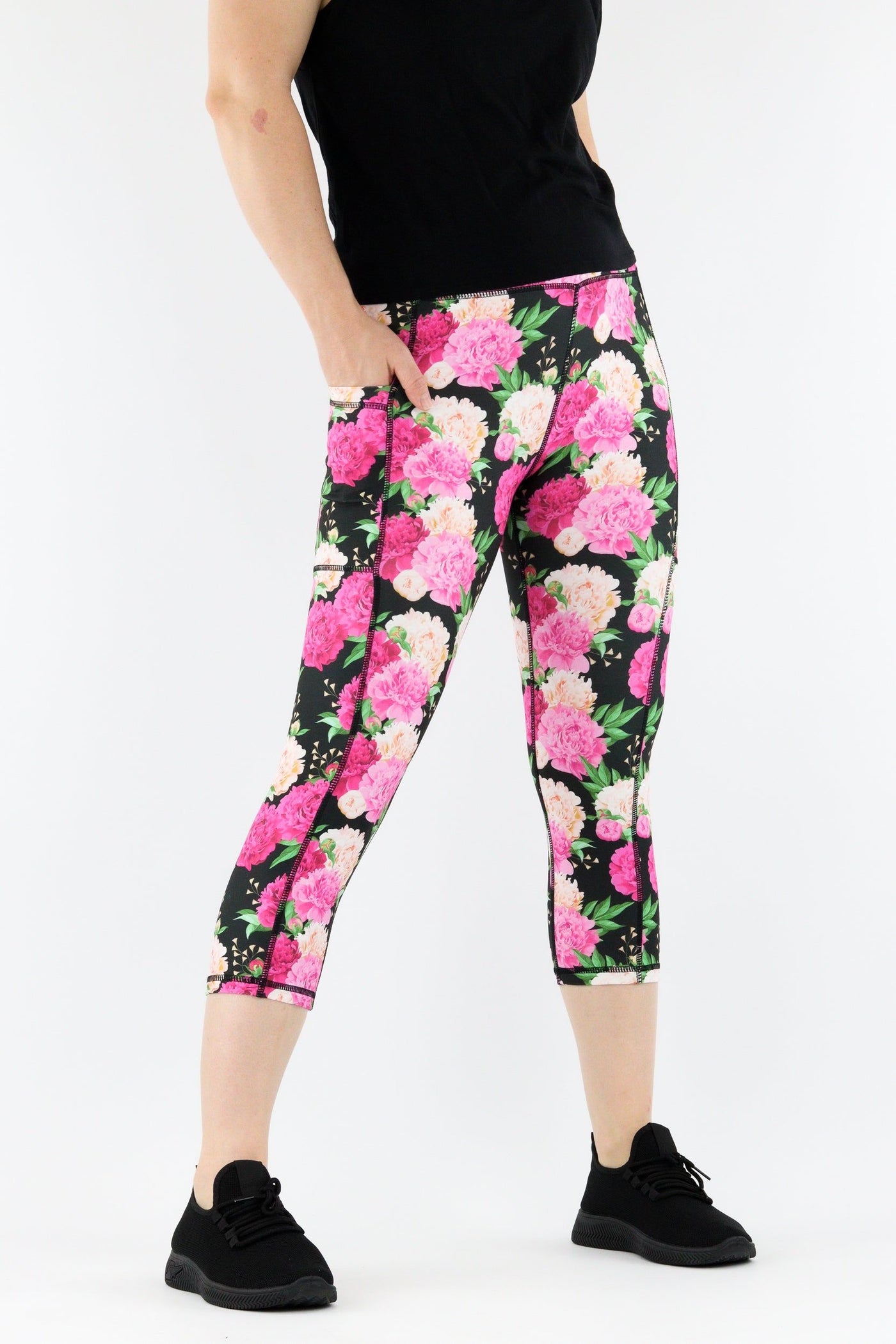 Pretty Peonies - Hybrid 1.0 - Leg Pockets - Capri Leggings Hybrid Capri Leggings Pawlie   