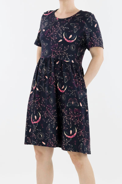 Mystical Fortunes - Short Sleeve Skater Dress - Knee Length - Side Pockets Knee Length Skater Dress Pawlie   