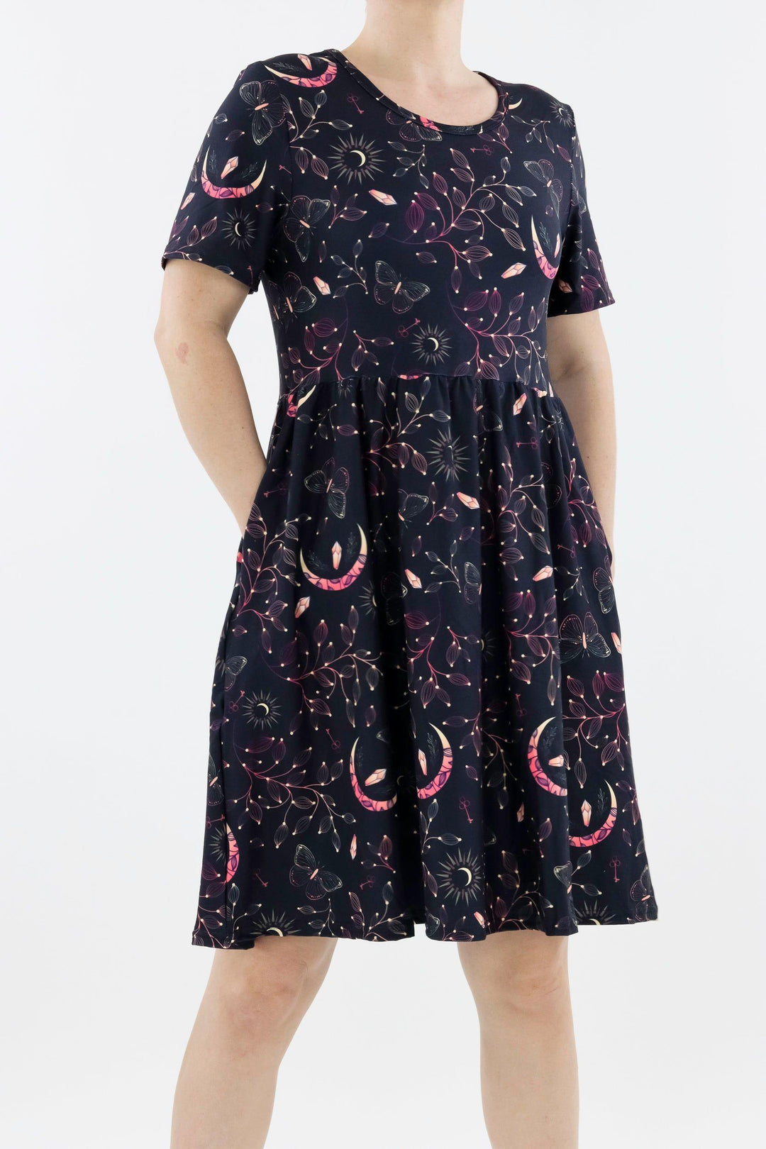 Mystical Fortunes - Short Sleeve Skater Dress - Knee Length - Side Pockets Knee Length Skater Dress Pawlie   