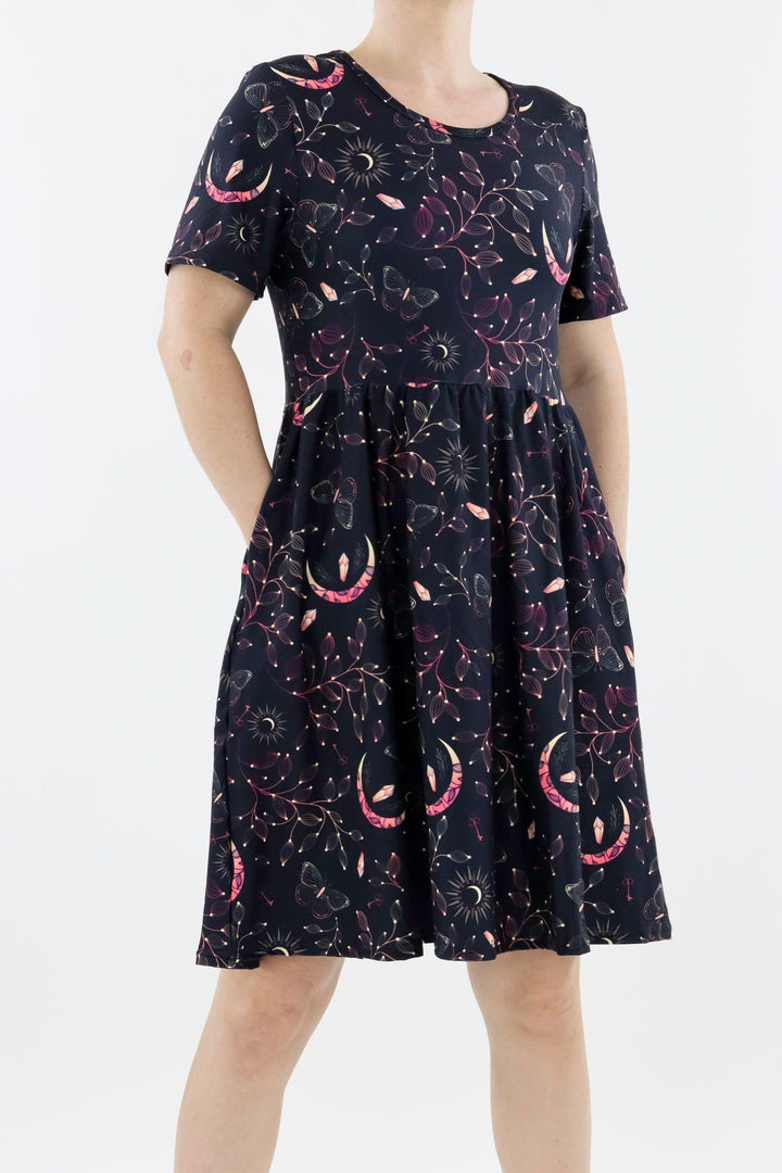 Mystical Fortunes - Short Sleeve Skater Dress - Knee Length - Side Pockets Knee Length Skater Dress Pawlie   