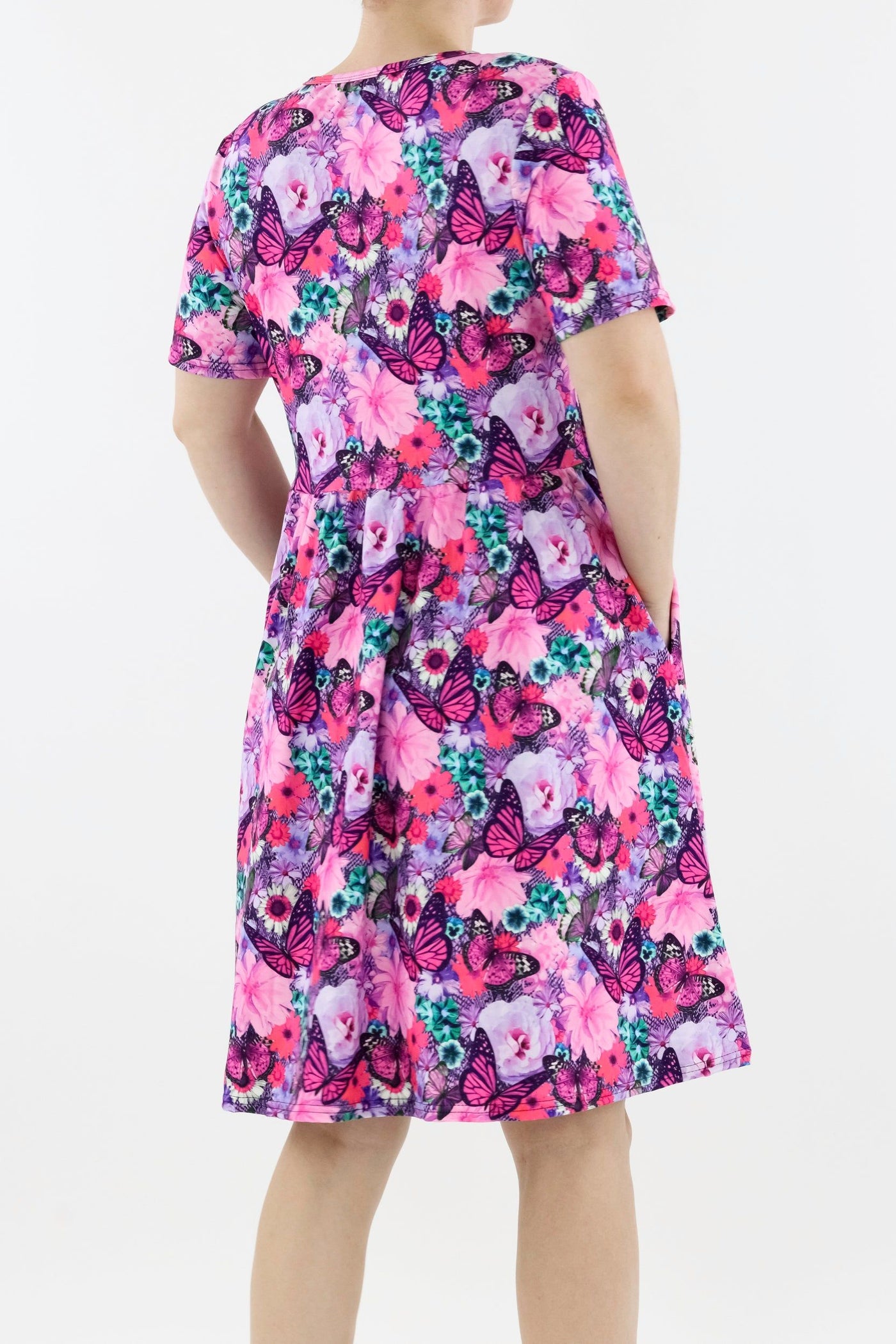 Florescence Butterfly - Short Sleeve Skater Dress - Knee Length - Side Pockets Knee Length Skater Dress Pawlie   