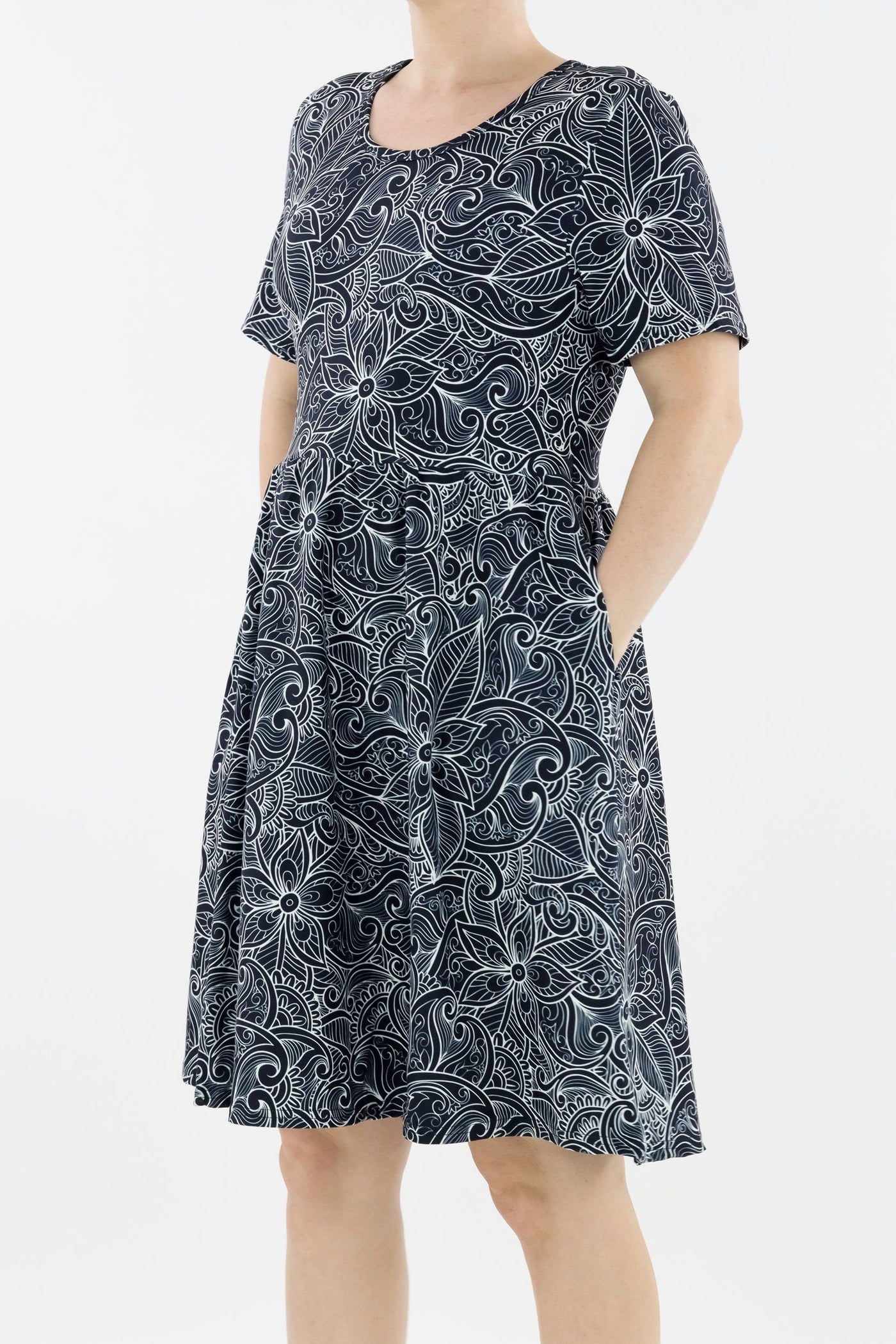 Monochrome Paisley - Short Sleeve Skater Dress - Knee Length - Side Pockets Knee Length Skater Dress Pawlie   