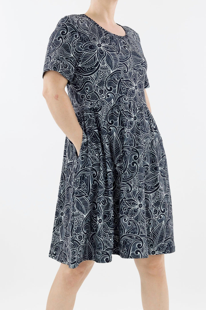 Monochrome Paisley - Short Sleeve Skater Dress - Knee Length - Side Pockets Knee Length Skater Dress Pawlie   