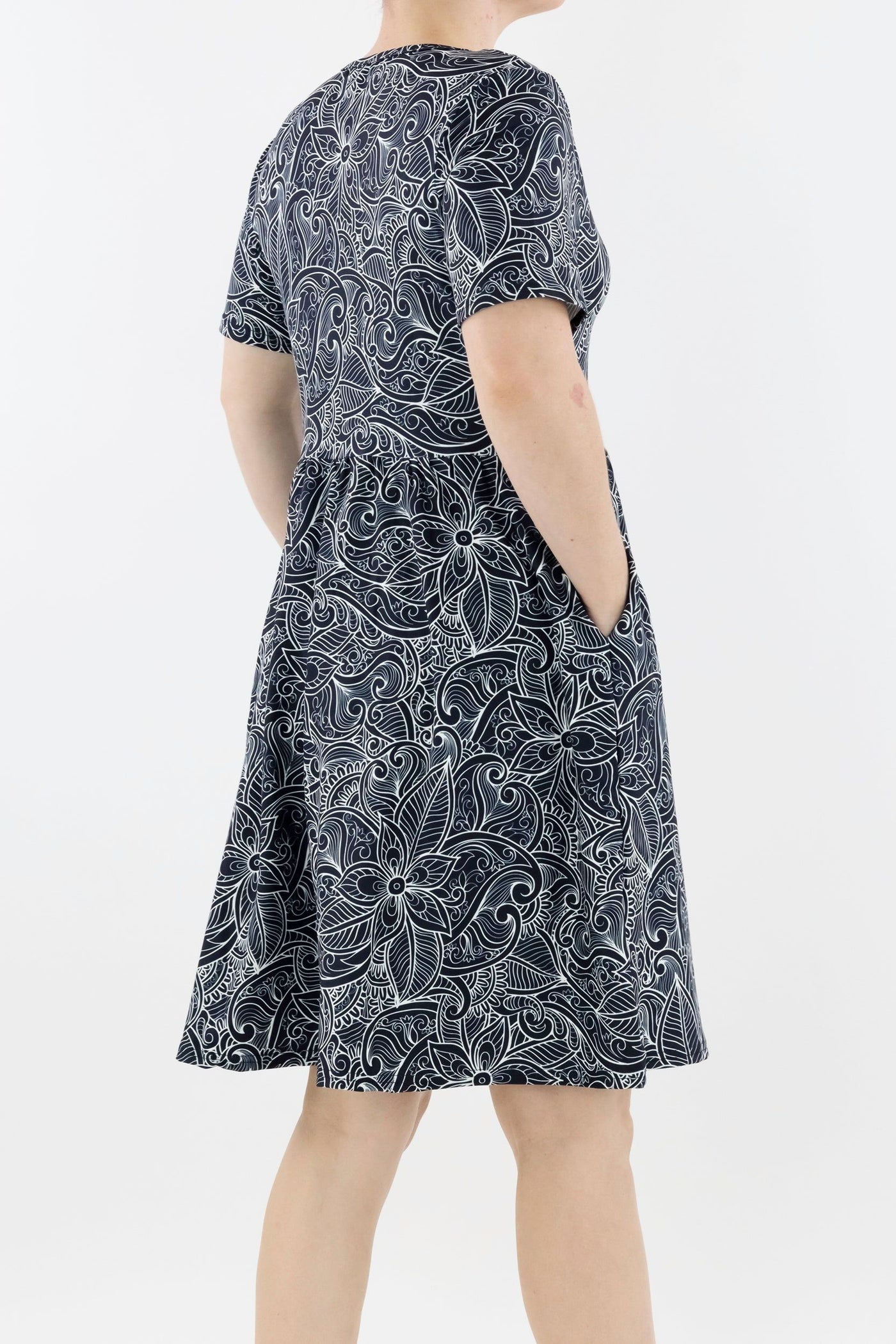 Monochrome Paisley - Short Sleeve Skater Dress - Knee Length - Side Pockets Knee Length Skater Dress Pawlie   