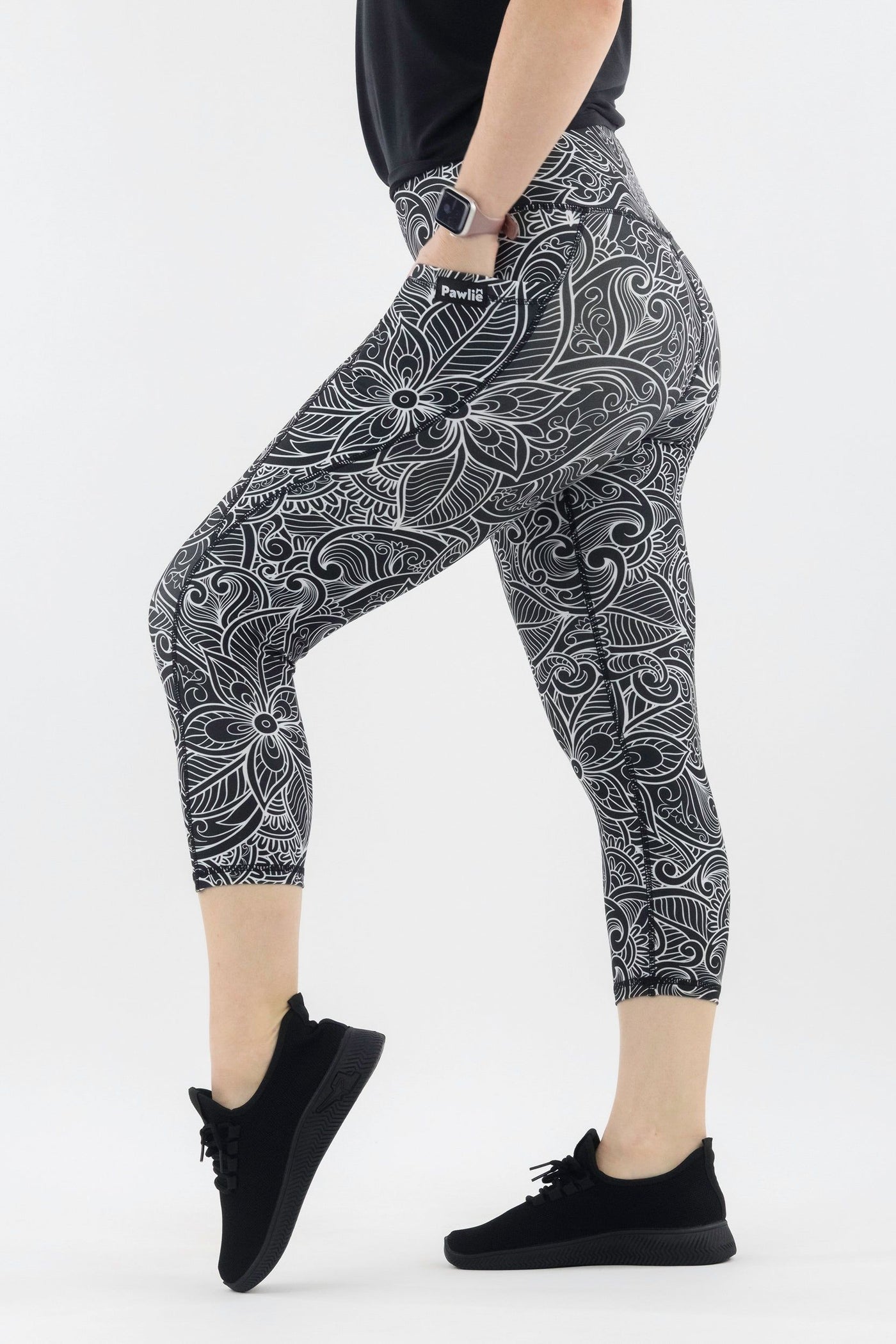 Monochrome Paisley - Hybrid 2.0 - Leg Pockets - Capri Leggings Hybrid Capri Leggings Pawlie   