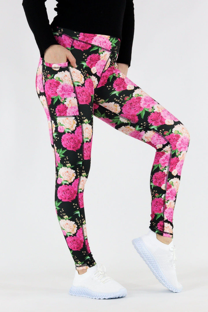 Pretty Peonies - Hybrid 1.0 Pocket Full Leggings Hybrid Full Leggings Pawlie   