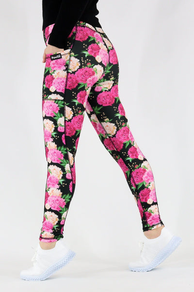 Pretty Peonies - Hybrid 1.0 Pocket Full Leggings Hybrid Full Leggings Pawlie   