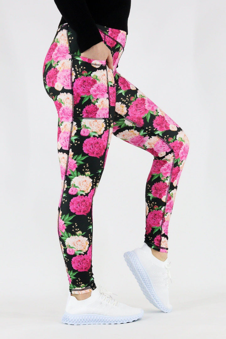 Pretty Peonies - Hybrid 1.0 Pocket Full Leggings Hybrid Full Leggings Pawlie   